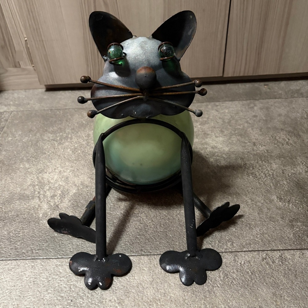 Vintage Rustic Metal Cat Figurine Green Orb Body Green Marble Eyes 9.5 Lawn Art
